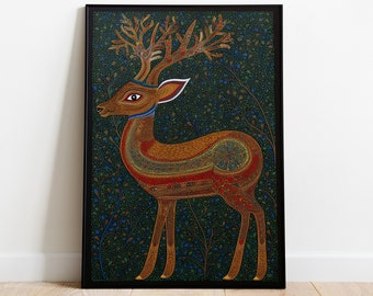 Indian Deer Gond Painting, Tribal Folk Art (Digital Download)