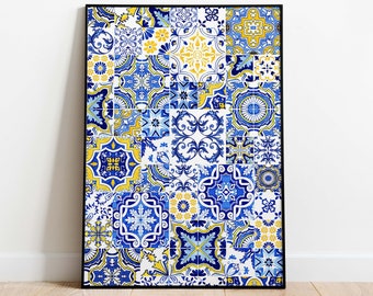 Lámina artística de azulejos marroquíes, decoración azul y amarilla (descarga instantánea)
