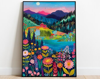 Maximalistisches Bergtal Kunstwerk, Bunte Wandkunst, Abstrakte Kunst, Patchwork Illustration, Wohnzimmer Druck, Landschaftskunst, Blumenhänge
