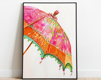 Thrissurpuram-paraplu-aquarel, wanddecoratie Kerala (digitale download)