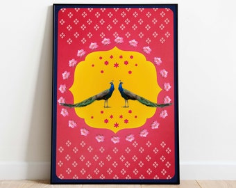 Peacock and Lotus Print, Indian Digital Art (Digital Download)