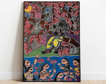 Madhubani Krishna Art Print, Vintage Indian Floral Painting (Digital Art)