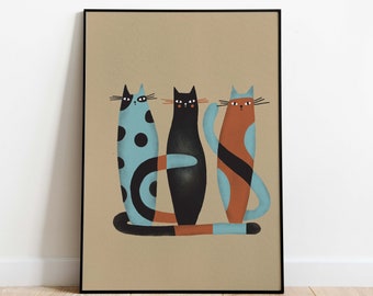 Quirky Cats Art Print, Funny Cat Lover Gift (Digital Download)