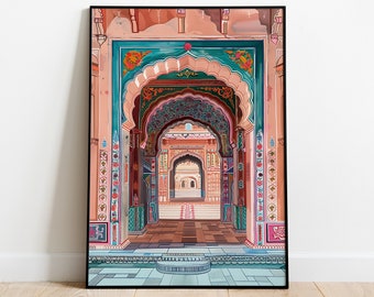 May include: A colourful illustration of a series of ornate archways leading to a courtyard in a pink building. The archways are decorated with intricate floral patterns and geometric designs in shades of blue, green, red, and gold.