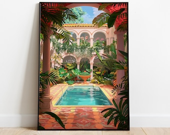 May include: A colorful illustration of a courtyard with a swimming pool, surrounded by lush greenery and arches. The courtyard is framed by palm trees and a red-orange wall.