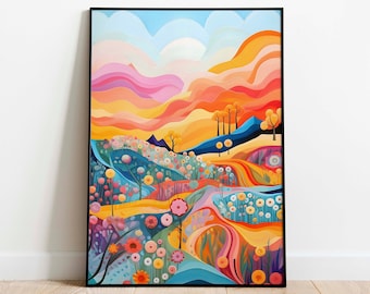 Abstract Mountain Artwork, Colorful Wall Art, Abstract Art, Patchwork Illustration, Living Room Print, Scenery Art, Floral Hills, Pink Sky