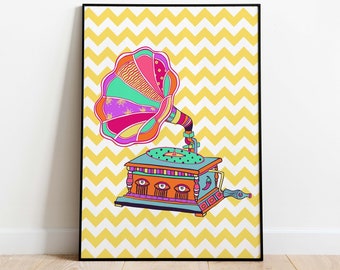 Impresión de póster de gramófono, regalo de inauguración de una nueva casa, arte digital colorido, arte pop indio
