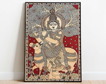 Indian Kalamkari Krishna Painting, Vintage Folk Art Poster (Digital Download)