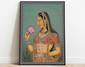 Bani Thani Indian Princess Art Print, Royal Lotus Painting (Digital Download)