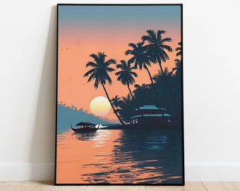 Kerala Back Waters Art, Zuid-India Travel Wall Art, Kerala Wall Decor, Tropical Indian Art Print, Living Room Home Decor