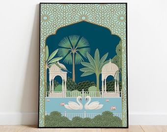 Swan & Peacock Indian Art, Floral Nature Prints, Living Room decor, Indian Vintage Palace Royal Painting, Poster, Wall Art
