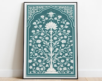 May include: A framed print of a teal blue and white floral design. The design features a stylised tree with a lotus flower at the top and intricate floral patterns throughout.