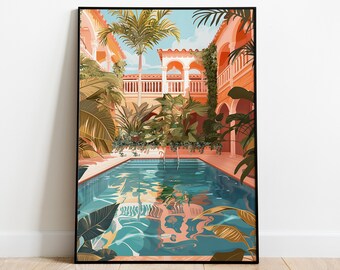 May include: A digital illustration of a courtyard with a swimming pool, palm trees, and a pink building with arches. The pool is surrounded by lush greenery and the building has a balcony.