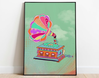 Gramophone Poster Print, Housewarming New Home gift, Colourful Digital Art, Indian Pop Art