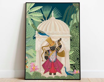 Shreenathji Indian Art, Floral & Nature Prints, Living Room decor, Printable, Indian Vintage, Palace Royal Painting, Wall Art
