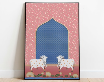 Indian Folk Art, Cow Prints, Living Room decor, Printable, Indian Vintage, Printables, Pichwai Painting, Poster, Wall Art