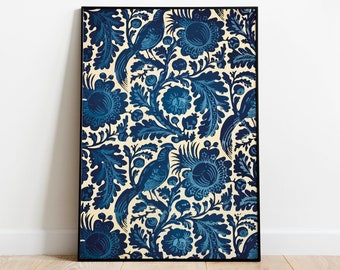 Vintage Indian Floral Print, Living Room decor, Indian Painting, Blue Poster, Wall Art, Birds Print, Boho Wall Art