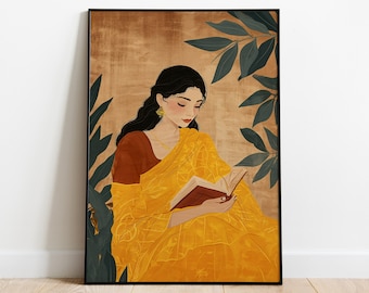 Indian Woman in Saree Reading Art, Desi Wall Decor (Digital Download)