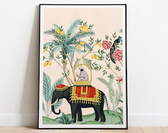 Indian Royal Art, Nature Poster Prints, Living Room decor, Printable, Indian Vintage Palace Elephant Monkey Painting