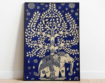 Blue Elephant Kalamkari Painting, Vintage Indian Folk Art (Digital Download)