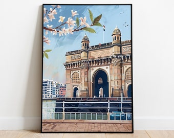 Puede incluir: Una ilustración colorida de la Puerta de la India, un arco histórico en Mumbai, India. El arco está hecho de piedra marrón y tiene un gran arco en el centro. Hay dos torres más pequeñas a cada lado del arco. El arco está rodeado de un cielo azul con nubes blancas. Hay árboles y flores en primer plano.