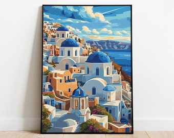 Greece Print Poster, Santorini Wall Art Printable, Greece Wall Art Print, Floral Greece Print, Greece Poster Printable, Greek Island Poster