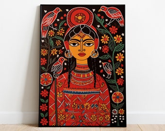 Freida Kahlo Madhubani Painting, Modern Indian Folk Art (Digital Download)