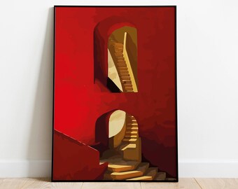 Red Staircase Architecture Print, Modern Wall Art (Digital Download)
