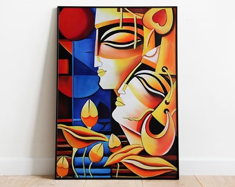 Radha Krishna Painting, Abstract Hindu Art, Modern Home Decor (Instant Download)