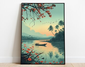 Kerala Back Waters Art, Zuid-India Travel Wall Art, Kerala Wall Decor, Tropical Indian Art Print, Living Room Home Decor