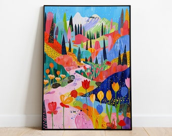 Lámina artística de un colorido valle de montaña, paisaje floral abstracto (descarga digital)