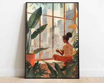 Girl Reading a Book Art, Boho Art, African American Art, African Book Lovers Wall Art, Indian Art,  Brown Girl reading, plant lover gift