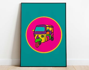 Lámina artística pop india, Rikshaw Tuk Tuk colorido (Descarga instantánea)