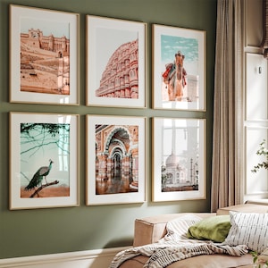 India Travel Gallery Wall Set of 6,  Cityscape Wall Art, Rajasthan Posters, Camel Poster, Peacock Print, Indian Palace Boho Art