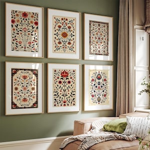 Indische Volkskunst, 6er Set Wohnzimmer Galeriewand, indische Gemälde, Blumen Poster Bundle, Wohnzimmer Dekor, Boho Wandkunst