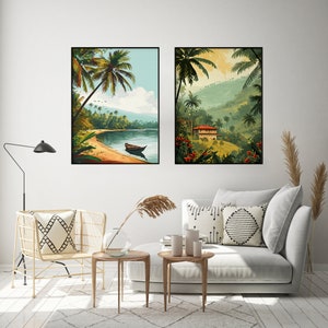 May include: Two framed tropical landscape prints with a boat in the water and a house in the jungle. The prints are hanging on a white wall above a white couch with pillows and a wooden coffee table.