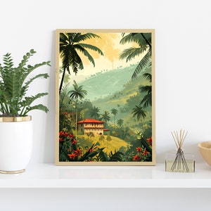 May include: A framed illustration of a tropical landscape with a house in the distance. The scene features lush green foliage, palm trees, and a bright blue sky.