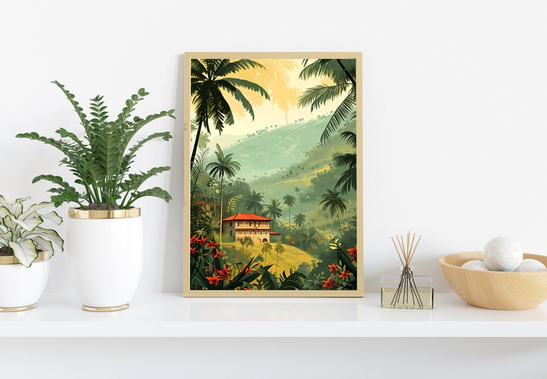 May include: A framed illustration of a tropical landscape with a house in the distance. The scene features lush green foliage, palm trees, and a bright blue sky.