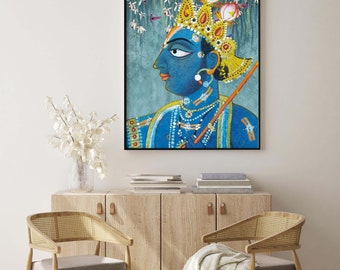 Krishna Pichwai Printable Wall Art, Vintage Indian Folk Decor - Main Image