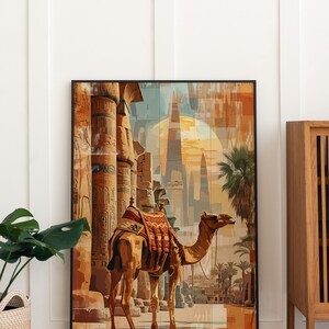 May include: A camel with a saddle walks through a desert landscape with ancient Egyptian columns and pyramids in the background. The sky is a vibrant orange and yellow.