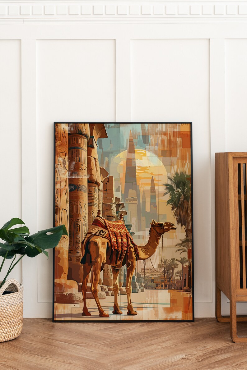 May include: A camel with a saddle walks through a desert landscape with ancient Egyptian columns and pyramids in the background. The sky is a vibrant orange and yellow.