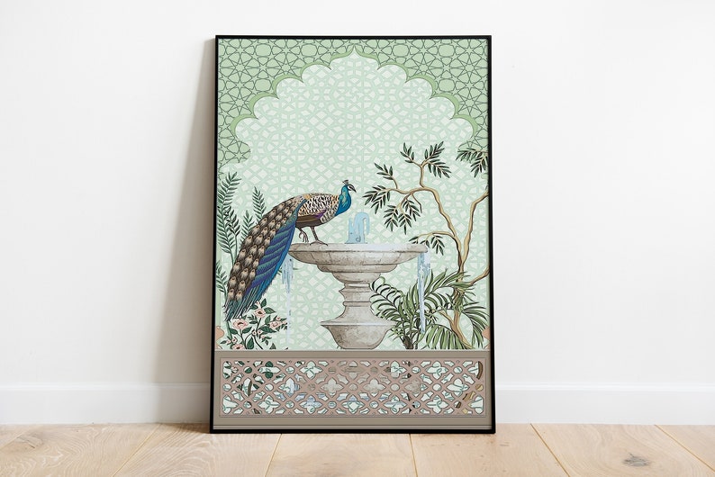 May include: A green and blue peacock stands on a white stone fountain with a decorative archway behind it. The fountain is surrounded by green plants and flowers. The background is a light green with a geometric pattern.