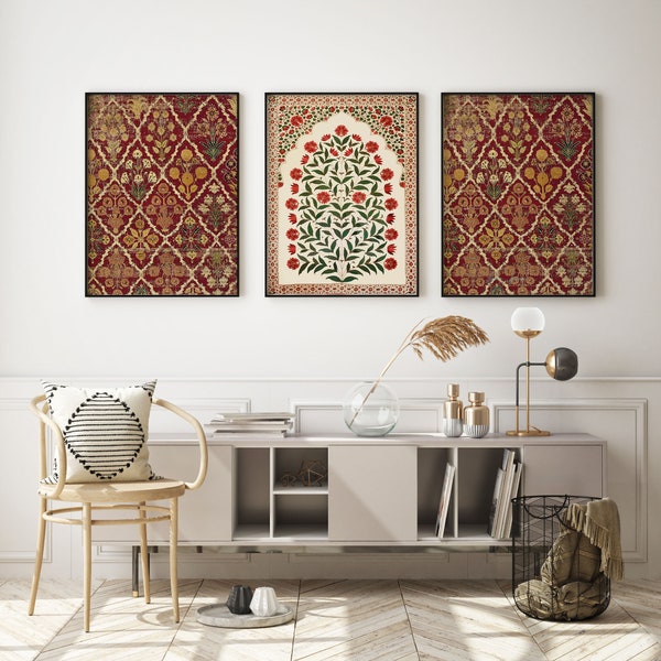 Indian Floral Art Set, Folk Prints, Living Room decor, Gallery wall set, Indian Vintage, Pichwai Painting, Poster Bundle