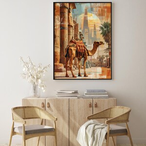 May include: A camel with a saddle walks through a desert landscape with ancient ruins in the background. The sky is a vibrant blue with a large sun in the distance. The image is painted in a colorful, abstract style.