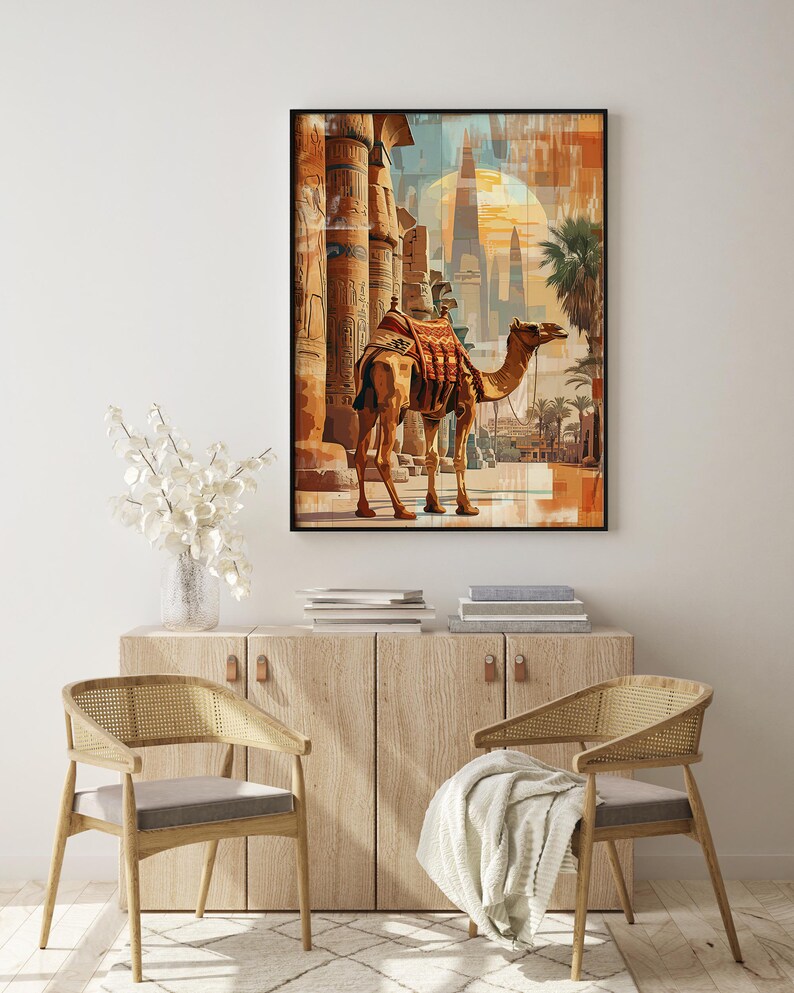 May include: A camel with a saddle walks through a desert landscape with ancient ruins in the background. The sky is a vibrant blue with a large sun in the distance. The image is painted in a colorful, abstract style.