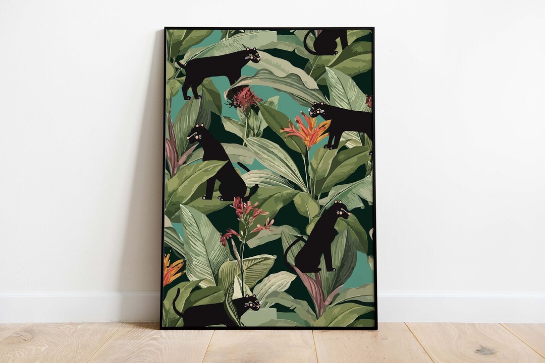 Panther Jungle Art Print, Tropical Floral Vintage Painting (digital ...