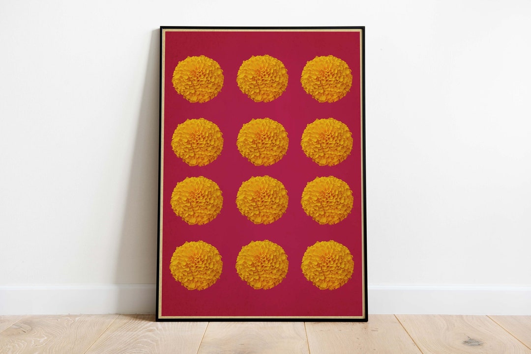 Indian Mixed Media Digital Art, Marigold Print, Living Room Decor