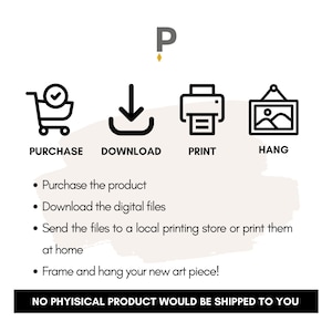 Pu&ograve; includere: Un'illustrazione di download digitale di un'opera d'arte stampabile. L'immagine mostra un carrello della spesa, una freccia di download, una stampante e un'immagine appesa a un muro. Il testo "NO PHYSICAL PRODUCT WOULD BE SHIPPED TO YOU" &egrave; in basso nell'immagine.
