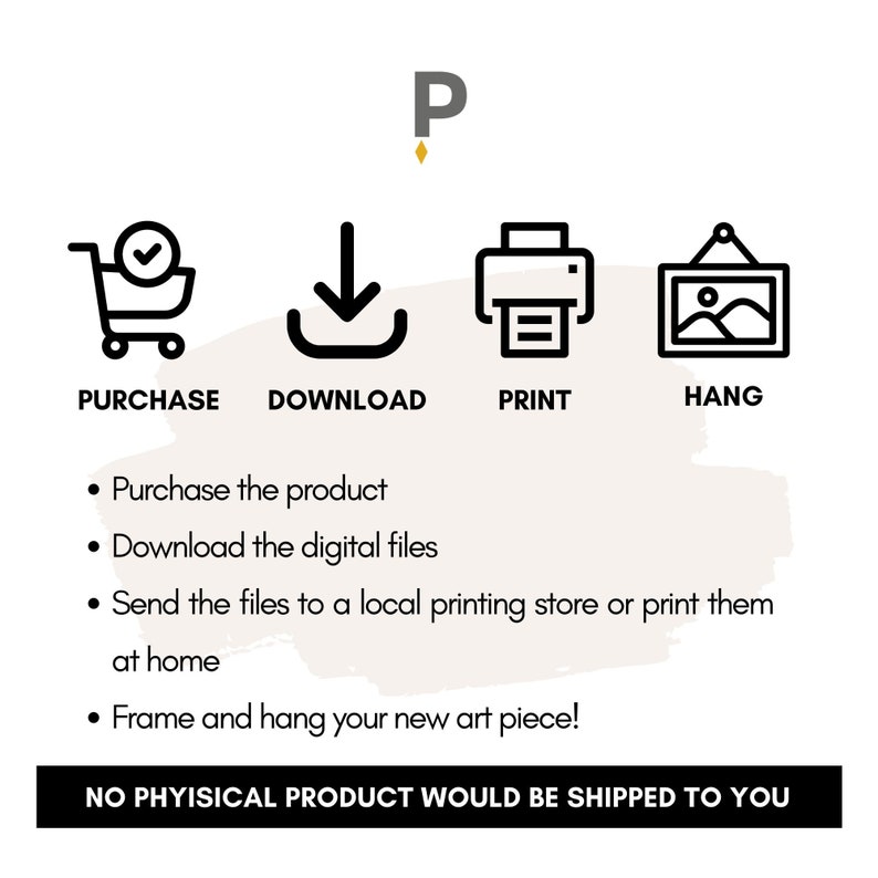 Pu&ograve; includere: Un'illustrazione di download digitale di un'opera d'arte stampabile. L'immagine mostra un carrello della spesa, una freccia di download, una stampante e un'immagine appesa a un muro. Il testo "NO PHYSICAL PRODUCT WOULD BE SHIPPED TO YOU" &egrave; in basso nell'immagine.