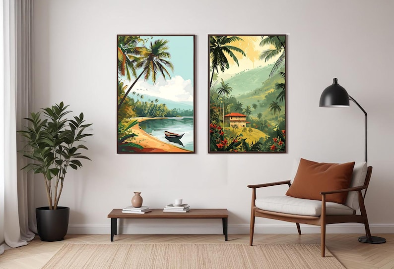 May include: Two framed landscape paintings of tropical scenes. The left painting shows a beach with a small boat in the water and palm trees. The right painting shows a house in a lush green valley with palm trees.